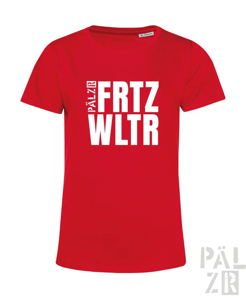 Rotes Baumwoll-T-Shirt mit fettgedrucktem weißem Text ’frtz wltr’ und kleinerem ’pälzr’-Logo am Ärmel.