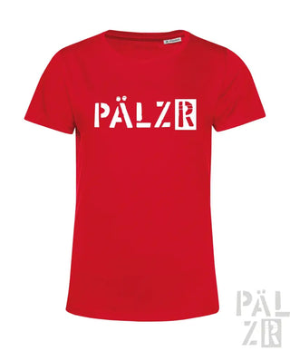 Rotes Baumwoll-T-Shirt mit ’pälzr’-Logo in Weiß.