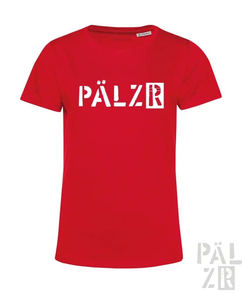 Rotes Baumwoll-T-Shirt mit ’pälzr’-Logo in Weiß.