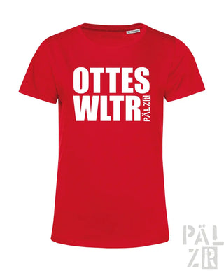 Rotes T-Shirt mit weißem Text ’ottes wltr’ und Logo ’pälzr’ auf der Vorderseite.