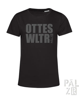Schwarzes T-Shirt mit ’ottes wltr’ und ’pal 2018’’ Design, kurze Ärmel.