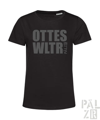 Schwarzes T-Shirt mit ’ottes wltr’ und ’pal 2018’’ Design, kurze Ärmel.