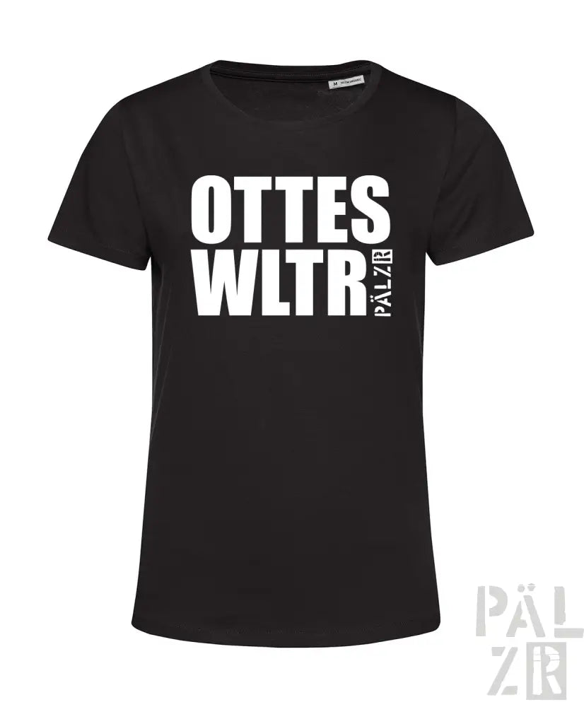 Schwarzes T-Shirt mit weißem Text ’ottes wltr’ und Logo in der unteren rechten Ecke.