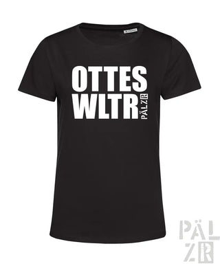 Schwarzes T-Shirt mit weißem Text ’ottes wltr’ und Logo in der unteren rechten Ecke.