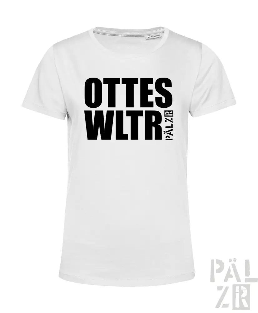 Weißes T-Shirt mit schwarzem Text und Logodesign.