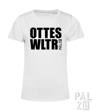 Weißes T-Shirt mit schwarzem Text und Logodesign.