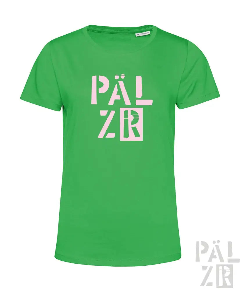 Grünes T-Shirt mit weißem ’pälzr’-Logo-Design, aus Baumwolle.