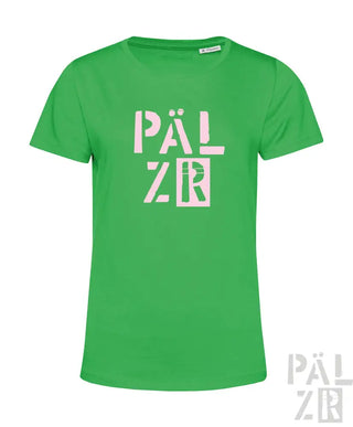 Grünes T-Shirt mit weißem ’pälzr’-Logo-Design, aus Baumwolle.