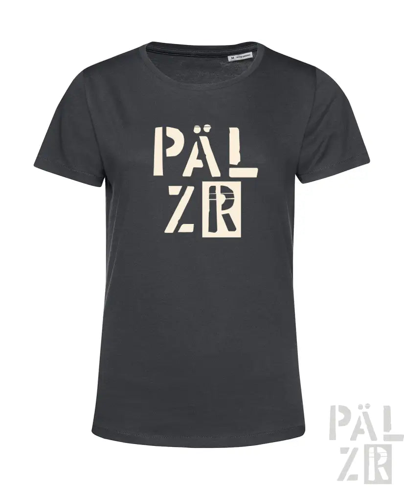 Kohle-graues T-Shirt mit weißem „pälzr“-Logo-Design, aus Baumwolle gefertigt.