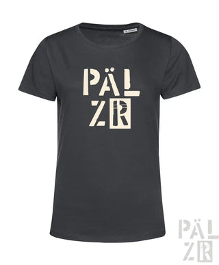 Kohle-graues T-Shirt mit weißem „pälzr“-Logo-Design, aus Baumwolle gefertigt.
