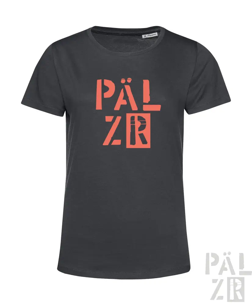 Kohle-graues T-Shirt mit Korallen-’pälzr’-Logo-Design, aus Baumwolle gefertigt.