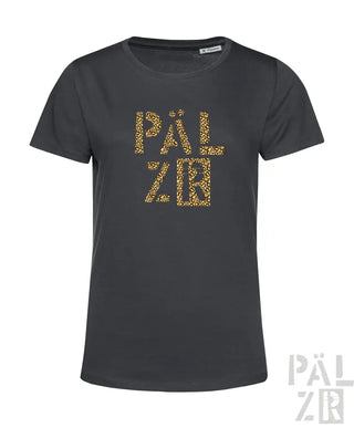 Anthrazitfarbenes T-Shirt mit ’päl zr’ Logo in Gold-Glitzer-Design.