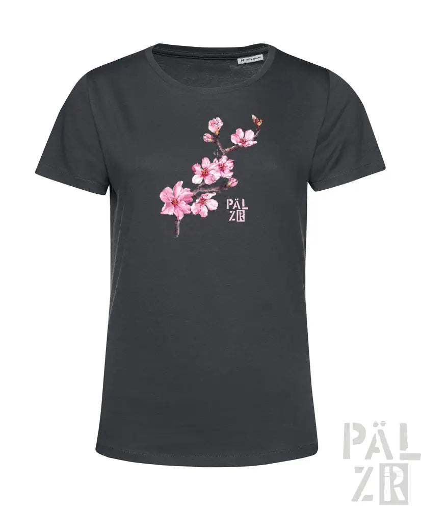 Kohle-graues T-Shirt mit rosa Kirschblüten-Design und ’pälzr’-Branding.