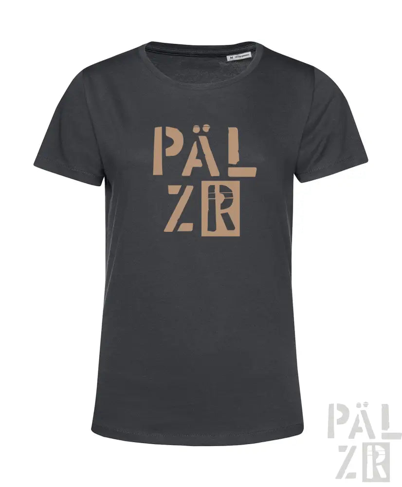 Holzkohlgraues T-Shirt mit fetter ’pälzr’-Grafik in metallischem Gold und Schwarz, mit entspannter Passform.