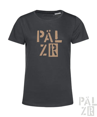 Holzkohlgraues T-Shirt mit fetter ’pälzr’-Grafik in metallischem Gold und Schwarz, mit entspannter Passform.