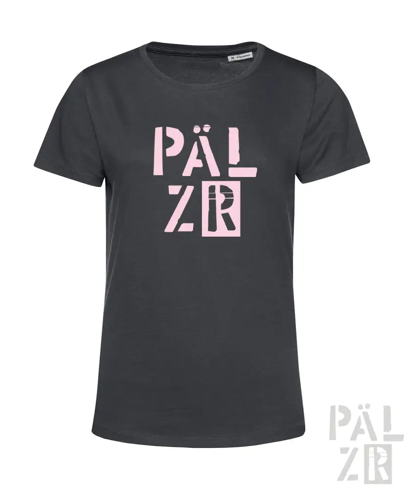 Holzgraues T-Shirt mit pink- und weißem „pälzr“-Logo-Design, aus weichem Baumwollstoff gefertigt.