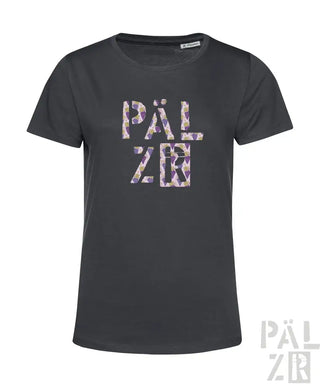 Schwarzes T-Shirt mit floralem „päl zr“-Design auf der Vorderseite, aus Baumwolle.