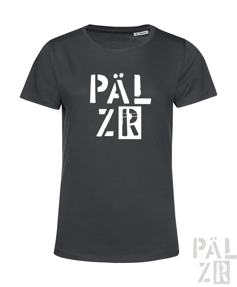 Dunkelgraues T-Shirt aus Baumwolle mit weißem ’pälzr’-Logodesign.