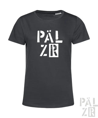 Dunkelgraues T-Shirt aus Baumwolle mit weißem ’pälzr’-Logodesign.