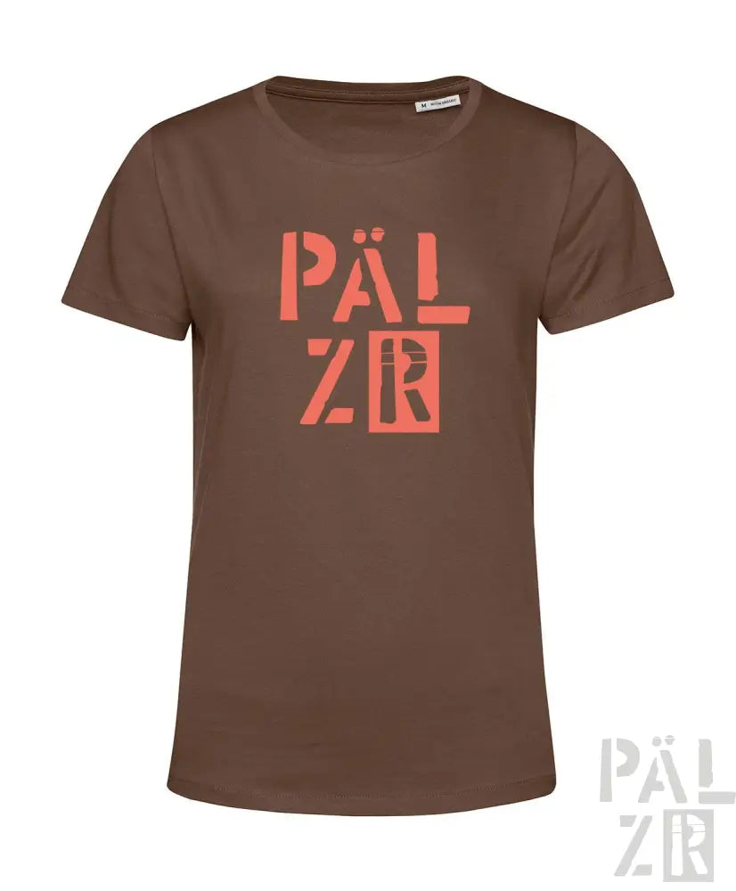 Braunes T-Shirt mit ’pälzr’-Design in korallenrosa und weiß, aus Baumwolle.