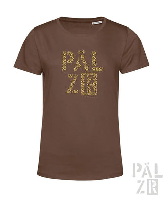 Braunes T-Shirt mit goldenem ’pälzir’-Design auf der Vorderseite, aus Baumwolle.