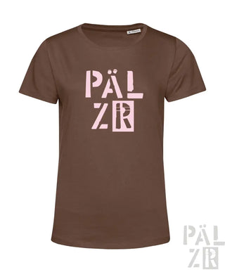 Braun T-Shirt mit ’pälzr’-Design in weißen und pinken Buchstaben.