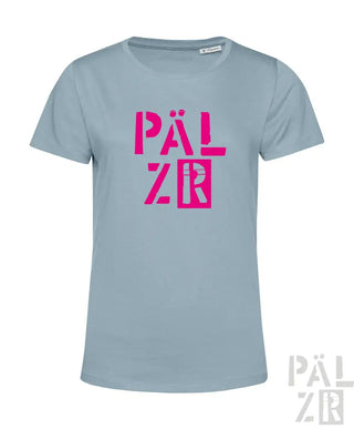 Hellblaues T-Shirt mit pinkem ’pälzr’-Logo-Design, kurzen Ärmeln und Rundhals.