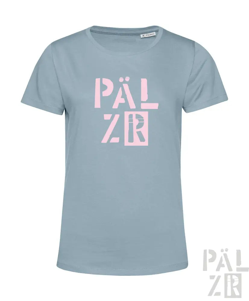 Hellblaues T-Shirt mit pinkem ’palzr’-Logodesign.
