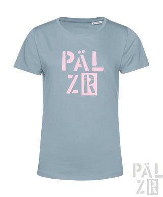 Hellblaues T-Shirt mit pinkem ’palzr’-Logodesign.