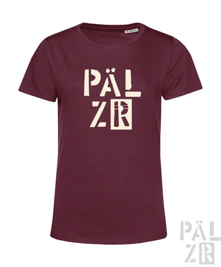 Bordeaux-Farbenes T-Shirt mit weißem ’pälzr’-Logo-Design, Baumwollmaterial.