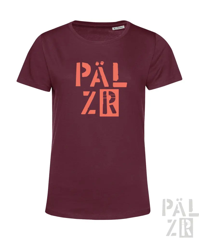 Bordeaux-Farbenes T-Shirt mit ’pälzr’-Design in Orange und Weiß, aus Baumwolle.