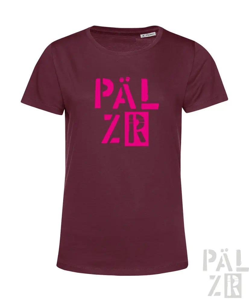 Bordeaux-Farbenes T-Shirt mit pinkem ’pälzr’-Textdesign, Baumwollmaterial.