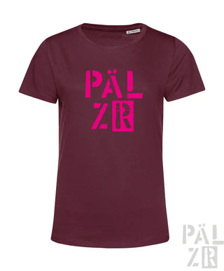 Bordeaux-Farbenes T-Shirt mit pinkem ’pälzr’-Textdesign, Baumwollmaterial.