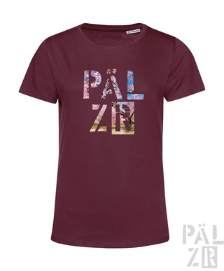 Bordeaux-Farbenes T-Shirt mit ’pälzr’ Grafikdesign, kurzen Ärmeln und Rundhals.