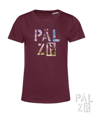 Frauen t-shirt pälzr mandelblüte in dunkelrot mit kurzärmeln und rundhalsausschnitt