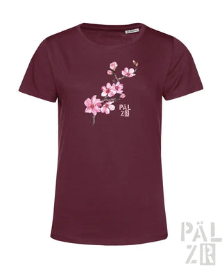 Bordeaux-farbenes kurzärmeliges T-Shirt mit rosa Kirschblüten-Design und ’pälzr’-Branding.