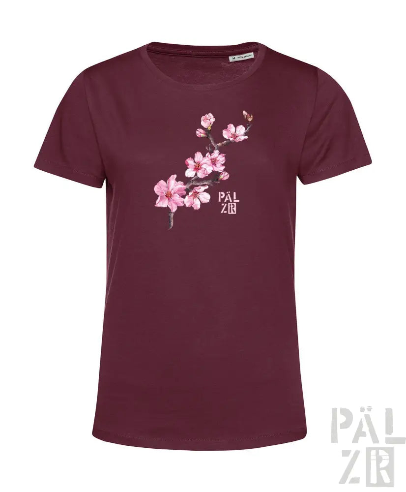 Bordeauxfarbene kurzärmelige T-Shirt mit rosa Kirschblüten-Design und ’pälzr’-Branding.