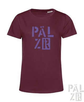 Bordeaux-farbenes kurzärmeliges T-Shirt mit Textdesign „pälzr“ in Lila, aus Baumwolle gefertigt.