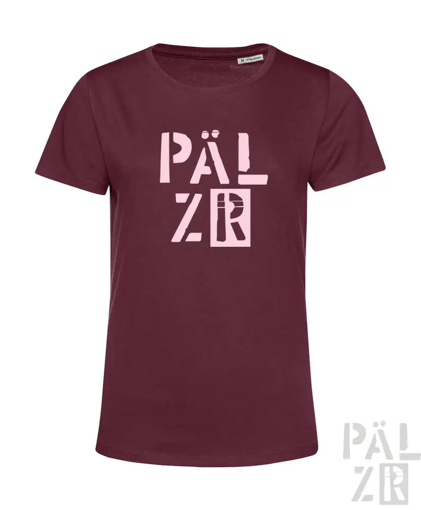 Bordeaux-Farbenes T-Shirt mit ’pälzr’-Design in weißen und pinken Buchstaben, aus Baumwolle gefertigt.