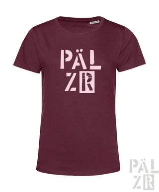 Bordeaux-Farbenes T-Shirt mit ’pälzr’-Design in weißen und pinken Buchstaben, aus Baumwolle gefertigt.