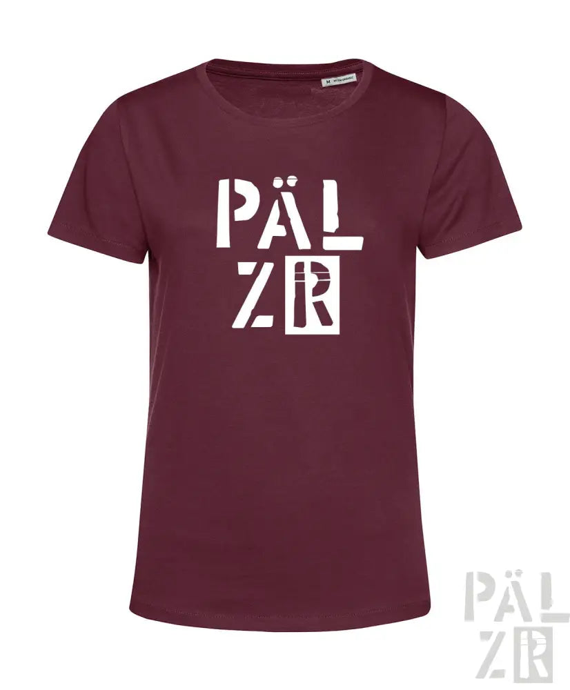 Bordeaux-Farbenes T-Shirt mit weißem „pälzr“-Logo-Design, Baumwollmaterial.