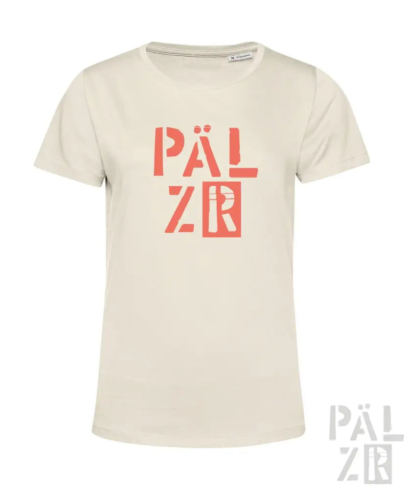 Cremeweiße Pälzr T-Shirt mit fetter orange ’Pälzr’-Logogestaltung.
