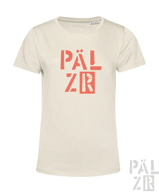Cremeweiße Pälzr T-Shirt mit fetter orange ’Pälzr’-Logogestaltung.