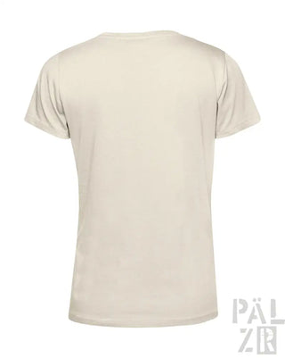 Creme-farbenes kurzärmeliges T-Shirt mit V-Ausschnitt und ’pälzr’-Logo auf dem Rücken.