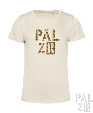 Cremeweiße T-Shirt mit Text ’pälzr’ in goldener Leopardendruck-Design.