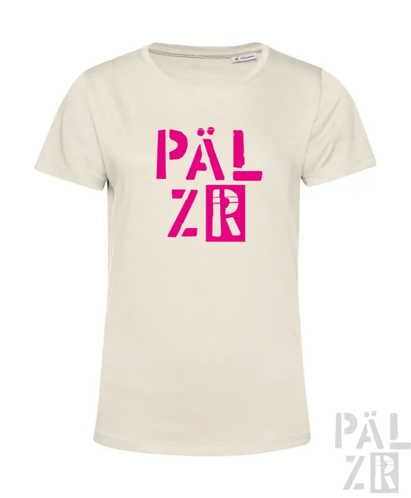 Cremeweiße Bio-Baumwoll-T-Shirt mit pinkem ’pälzr’ Grafikdesign.