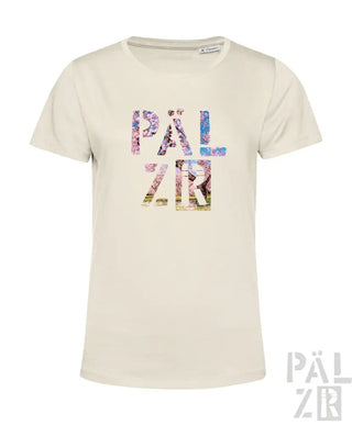 Cremeweiße T-Shirt mit ’pälzr’-Logo in mehrfarbigem Blumenmuster, mit Rundhals und kurzen Ärmeln.