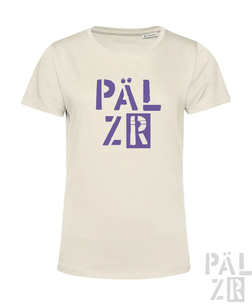 Cremeweiße T-Shirt mit violettem ’pälzr’ Grafikdesign, aus Baumwolle gefertigt.