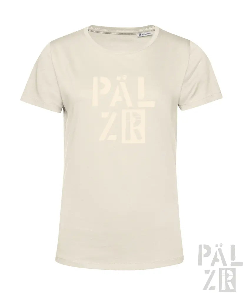 Off-white Kurzarm-T-Shirt mit ’palzir’ in einer fetten, reflektierenden Schrift gedruckt.