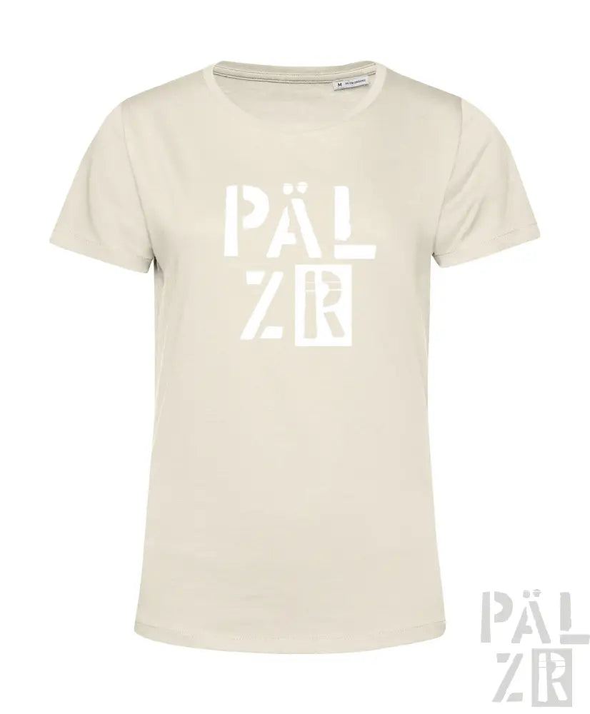 Cremeweiße T-Shirt mit weißem „pälzr“-Logo, aus Baumwolle.